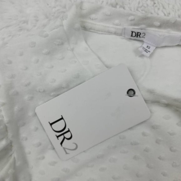 DR2 Womens Blouse White Knit Dot Crew Neck Puff Short Sleeve Pullover‎ XS New - Picture 8 of 8